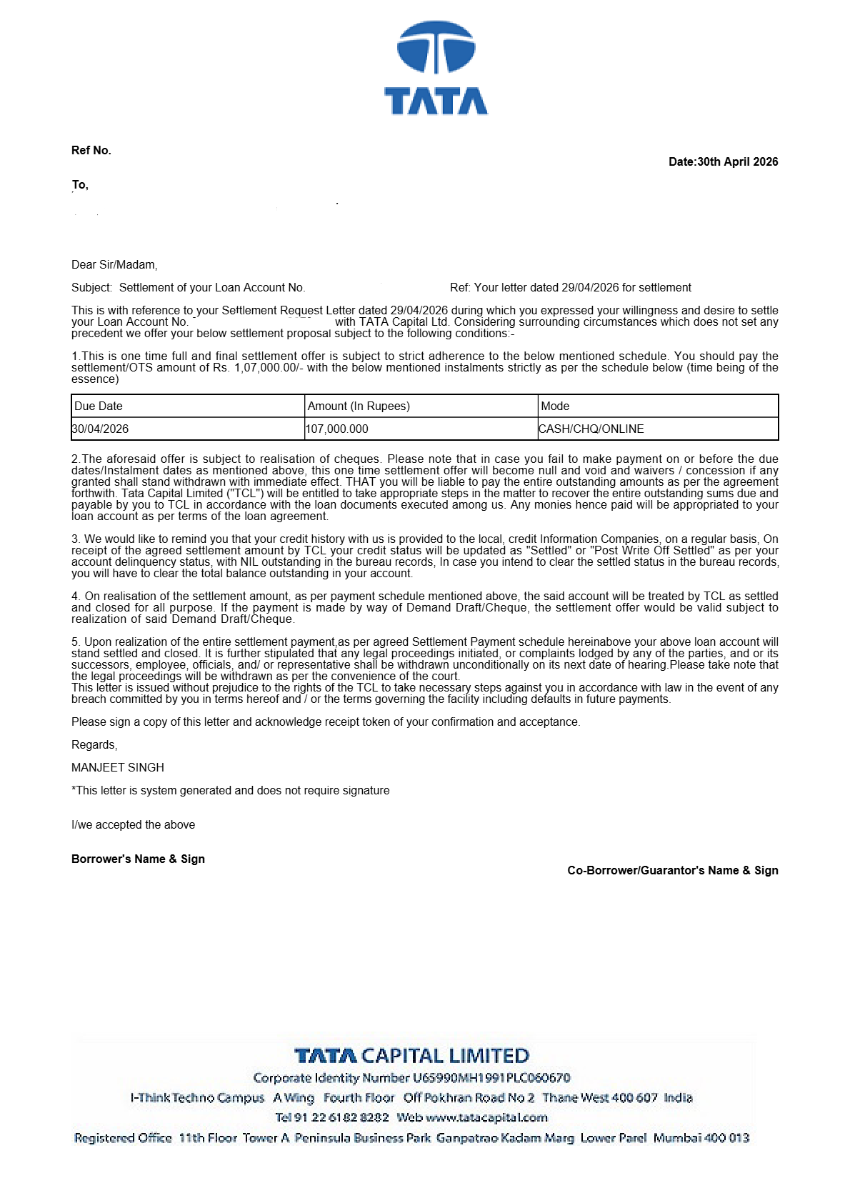 OneCard Federal Bank settlement letter