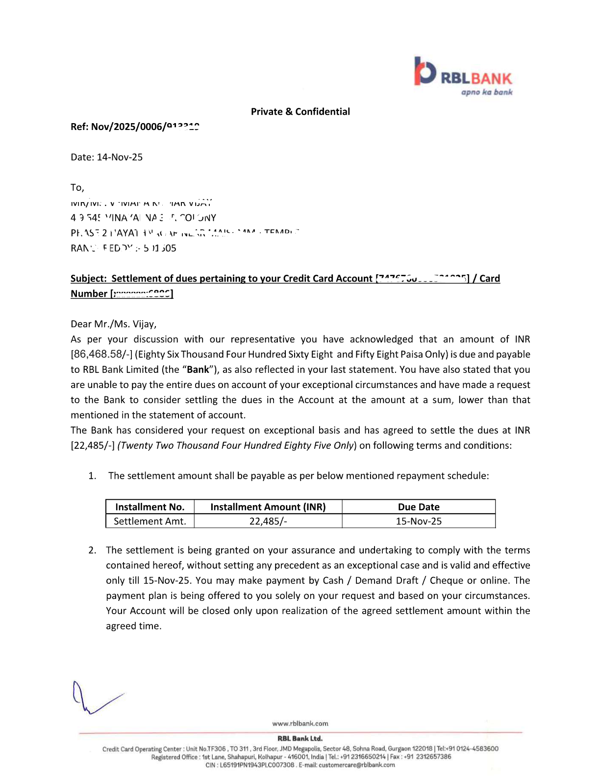 HDFC Bank settlement letter