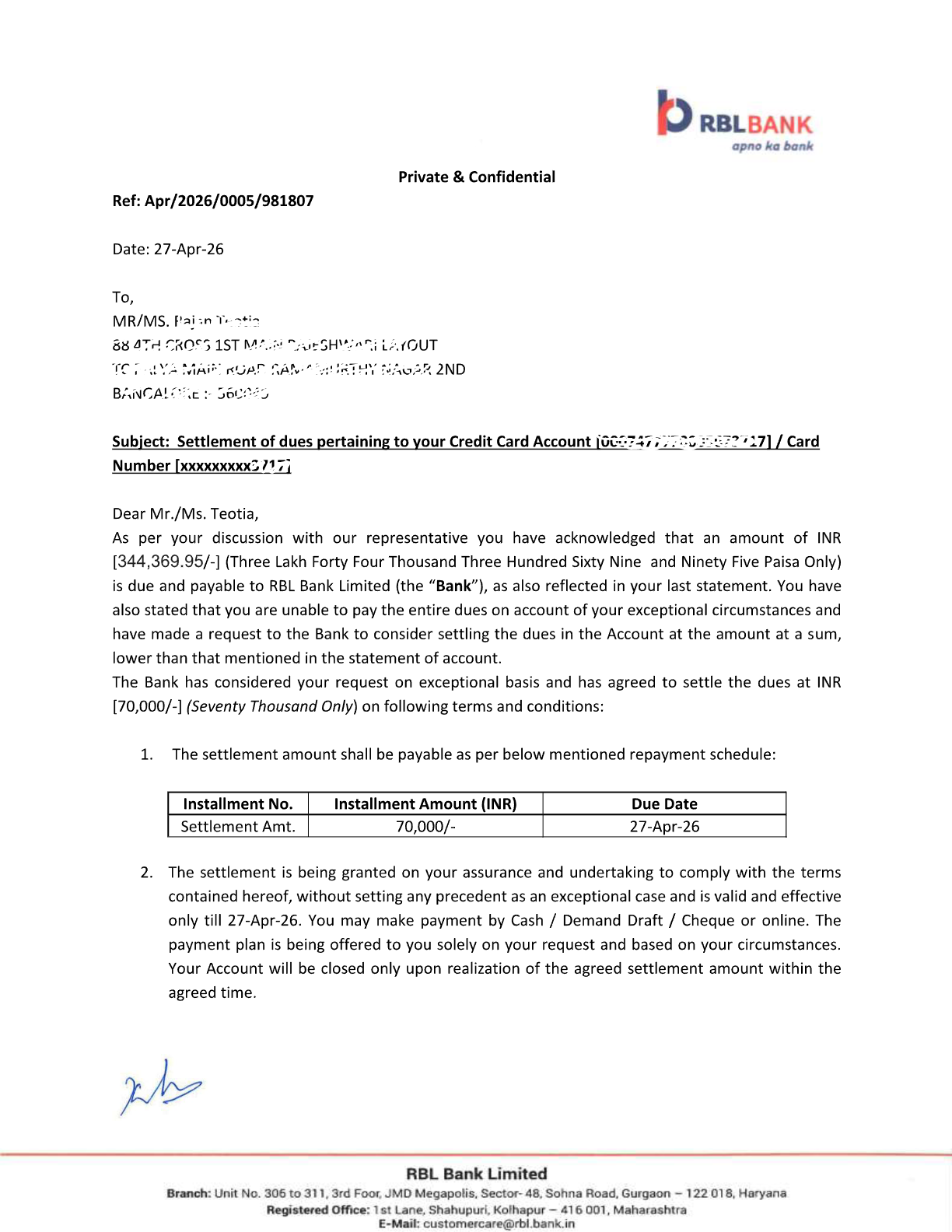 Axis Bank settlement letter