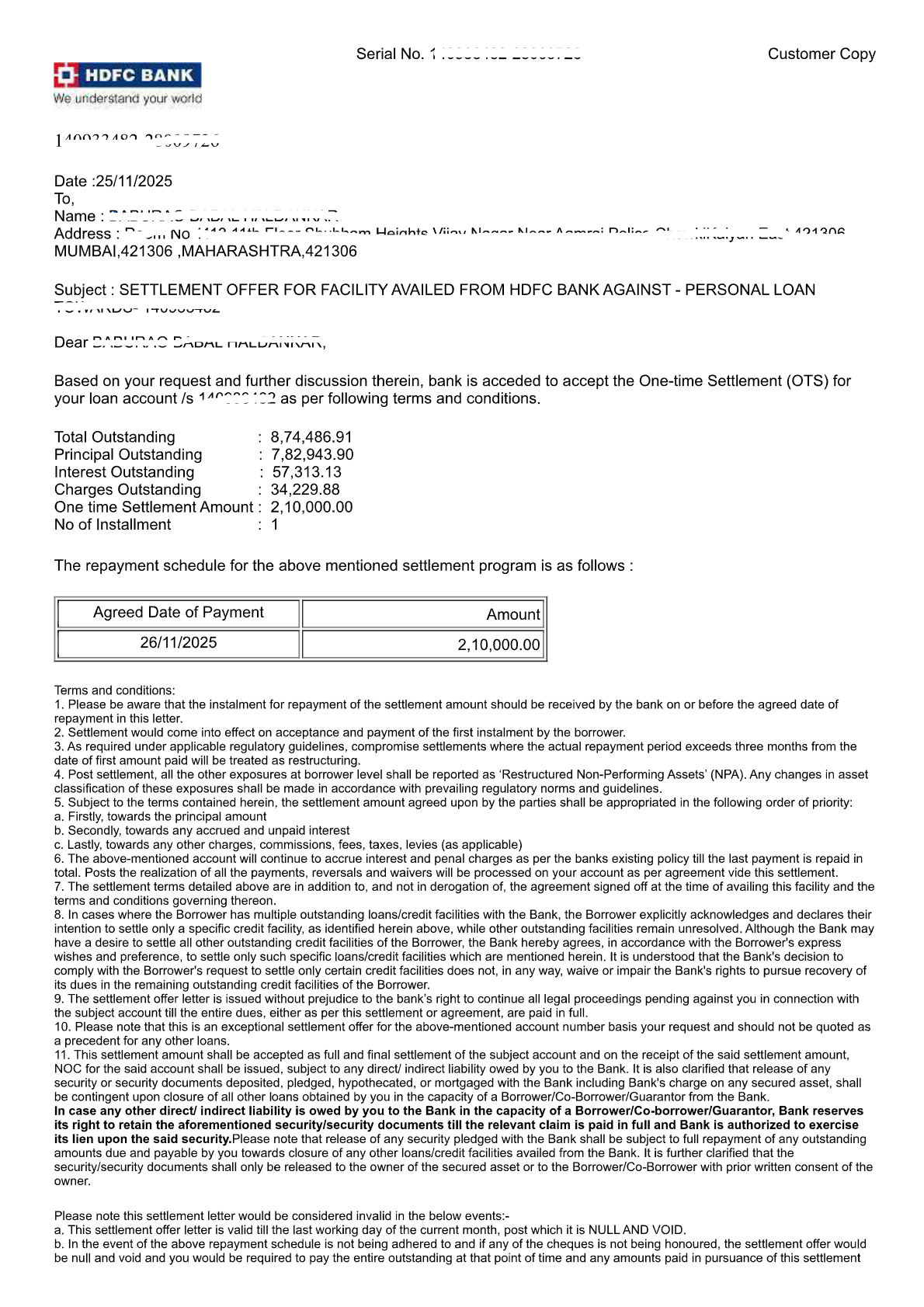SBI Card settlement letter