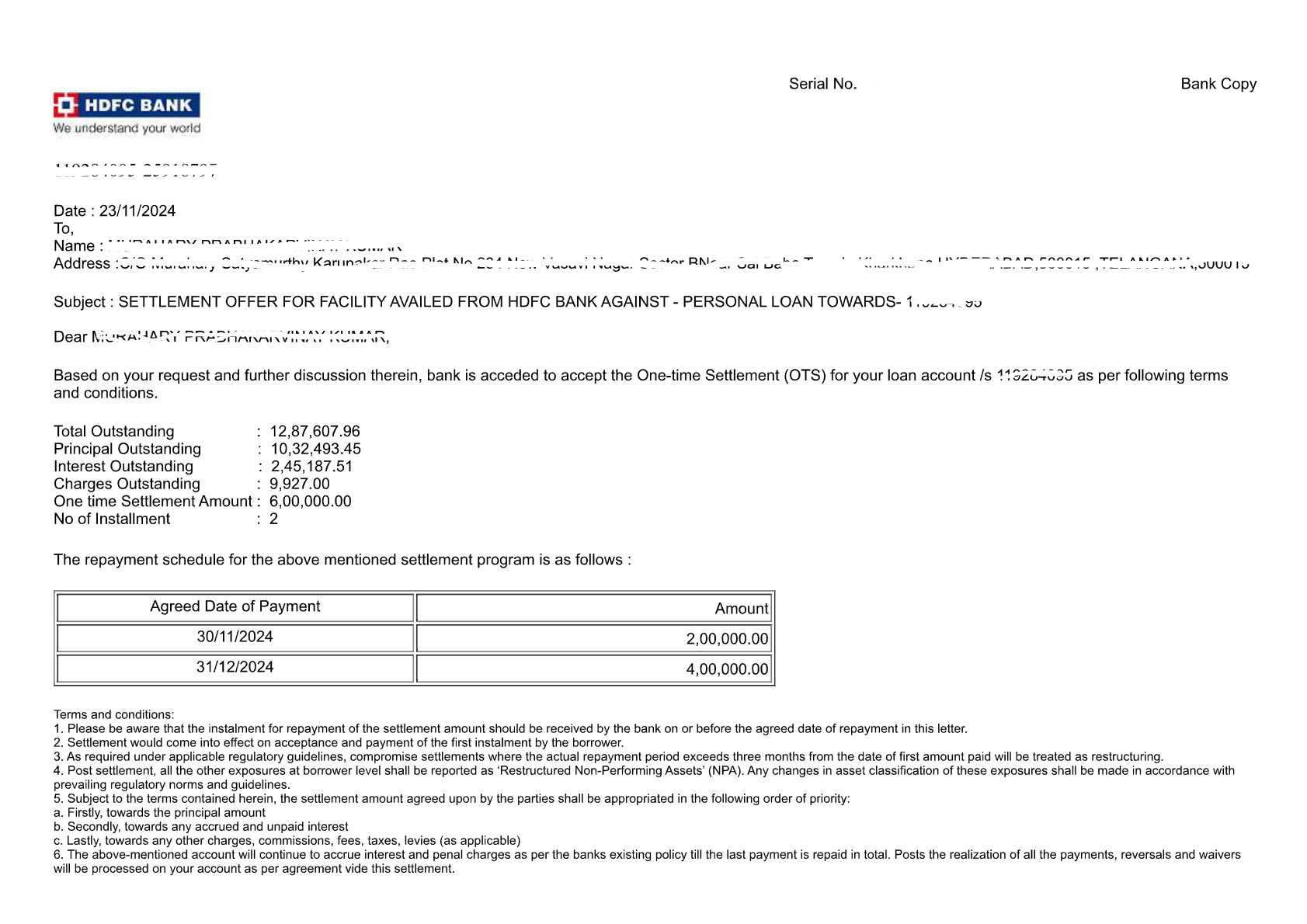 SBI Card settlement letter