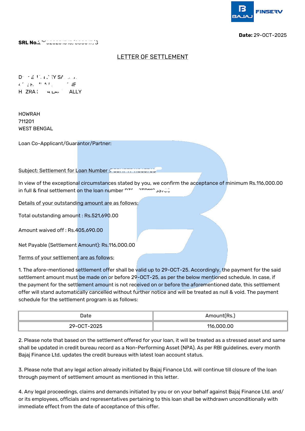 SBI Card settlement letter