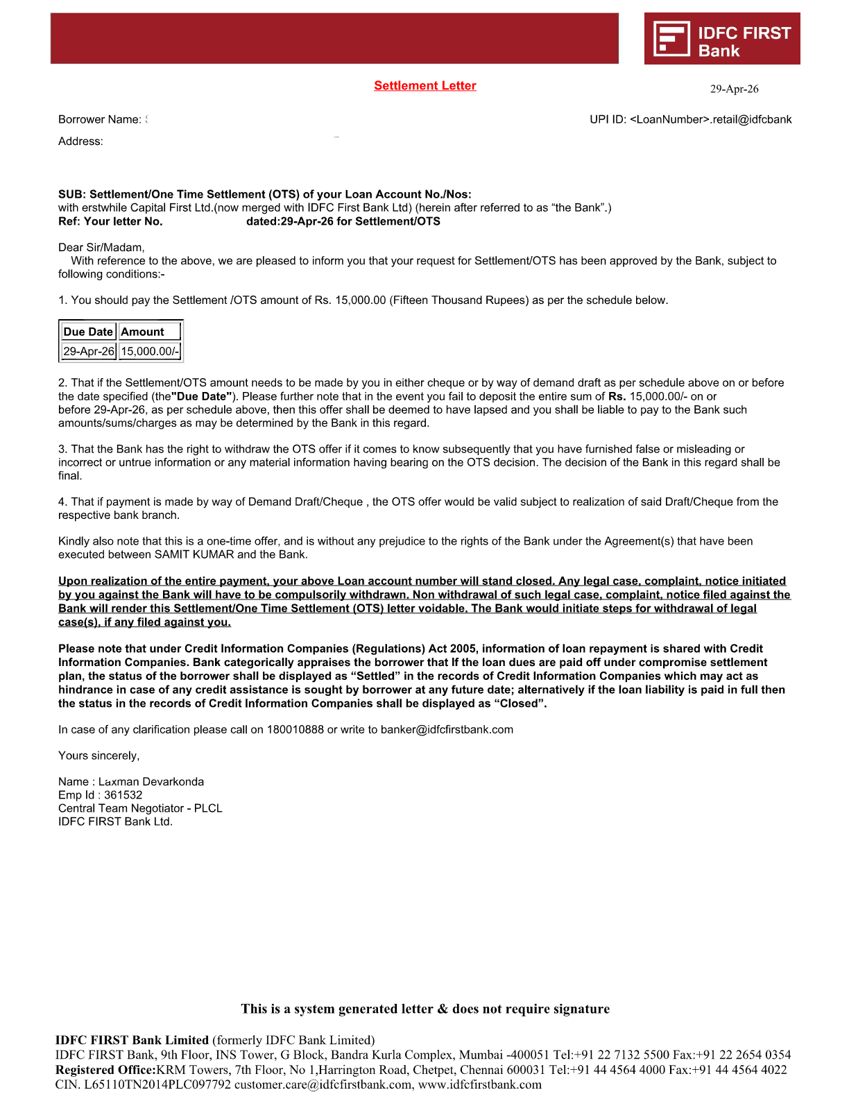 SBI Card settlement letter